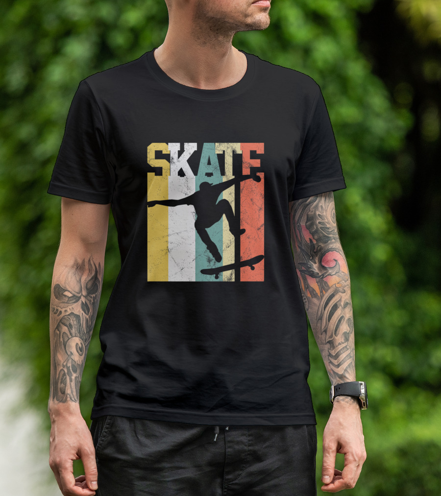 Skateboarder Silhouette Retro Stripes Skateboarding T-Shirt