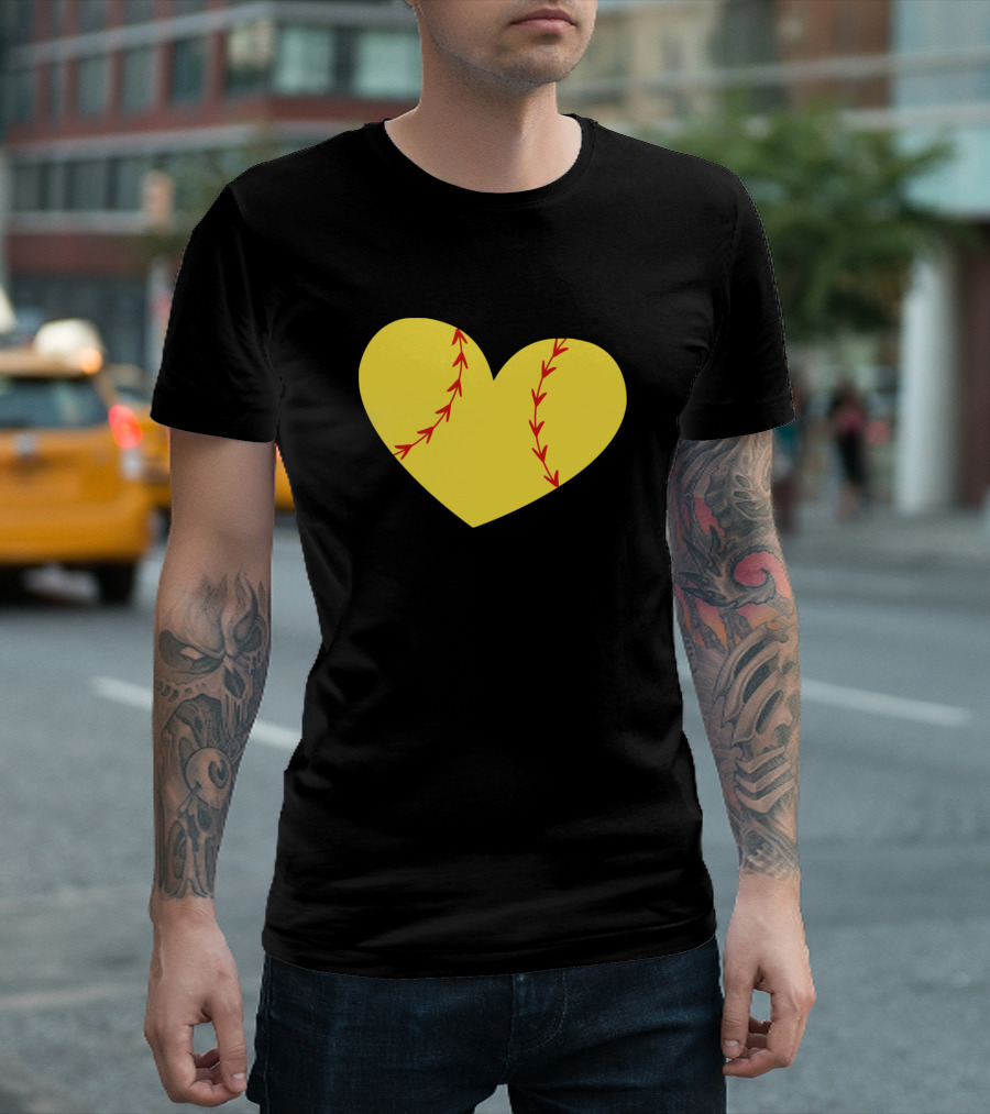 Softball Heart Yellow with Red Stitches T-Shirt