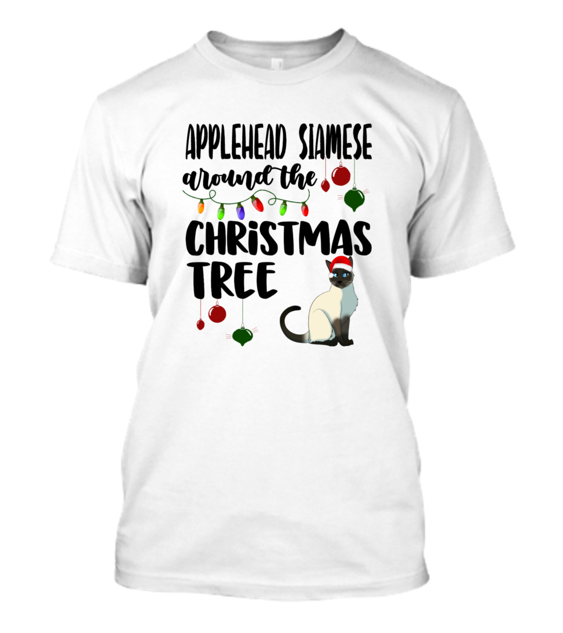 Applehead Siamese Around The Christmas Tree With Festive Lights And Ornaments T-Shirt