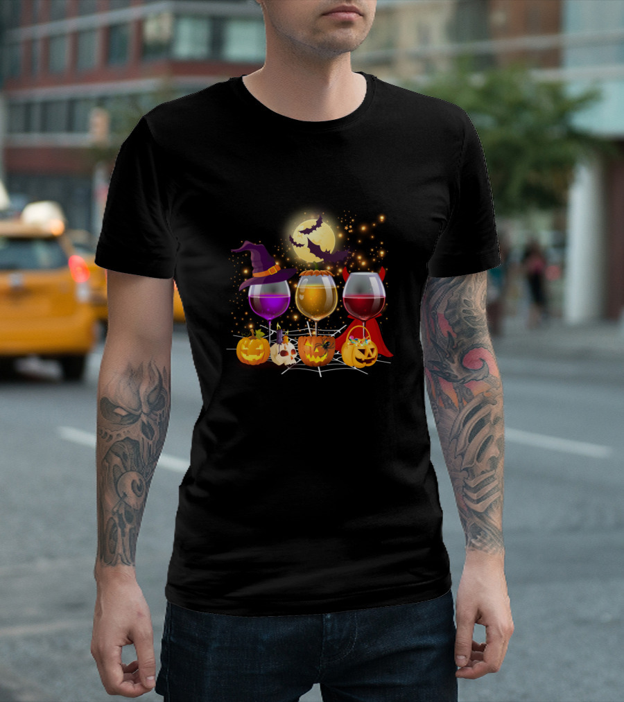 Three Glasses of Wine with Halloween Pumpkins and Witch Hat Moon Jolly Wine Lover T-Shirt
