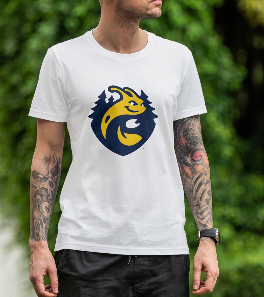 UC Santa Cruz Banana Slugs Yellow And Blue Logo With Forest Background T-Shirt