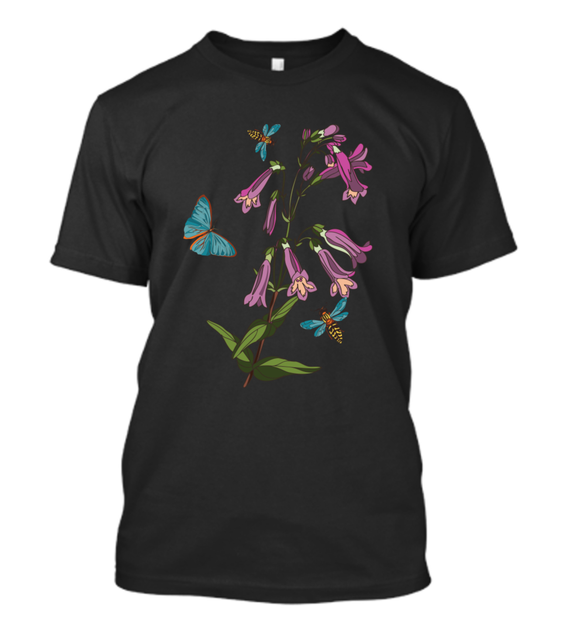 Botanical Illustration Bell Butterfly With Pink Flowers And Blue Butterflies T-Shirt