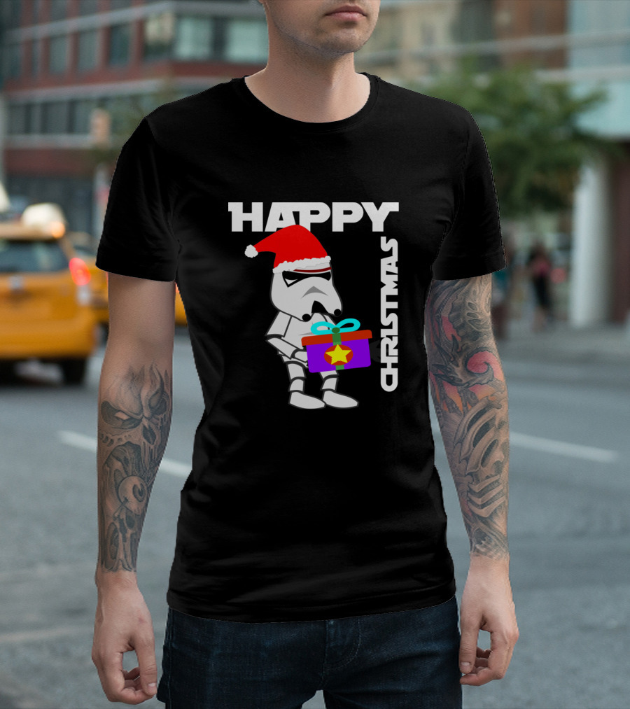 Happy Christmas Stormtrooper With Santa Hat And Gift Box T-Shirt