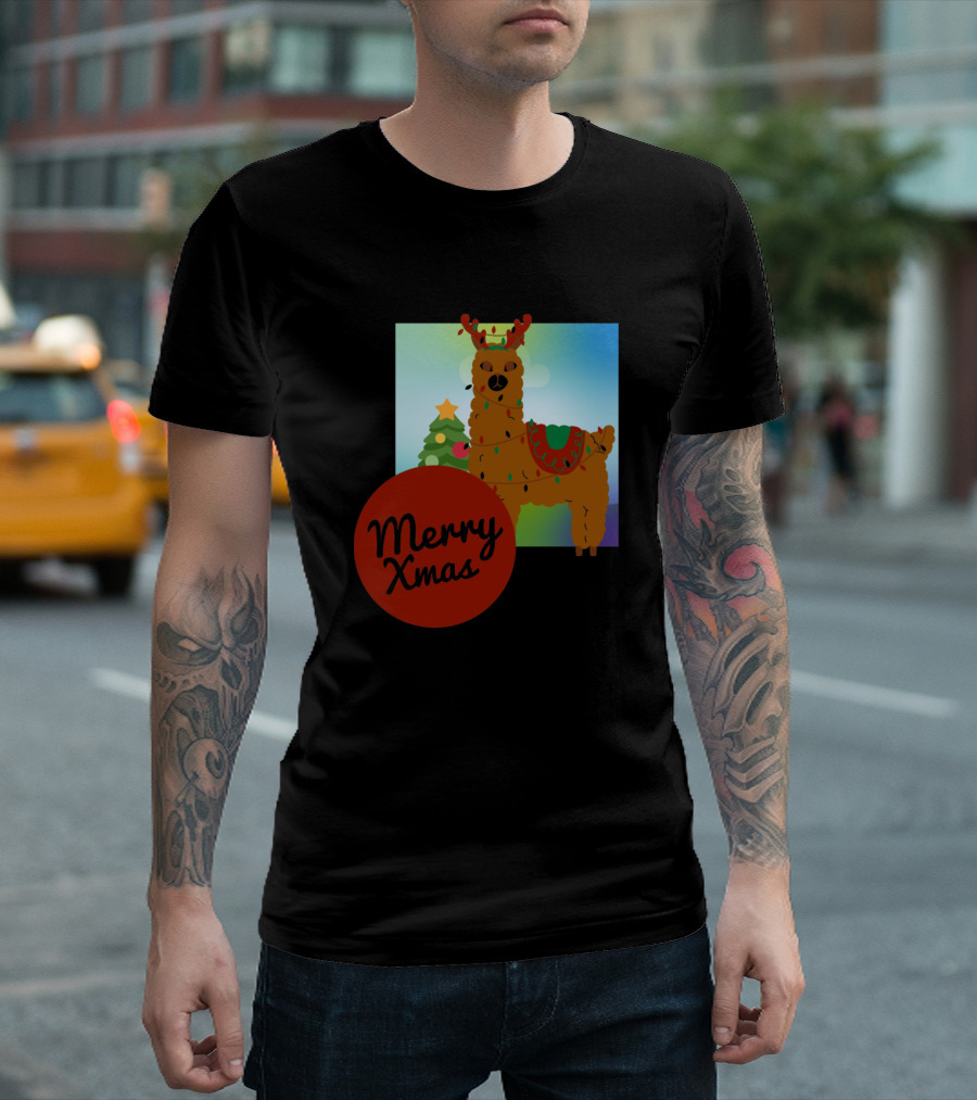 Merry Xmas Llama with Antlers and Christmas Tree T-Shirt