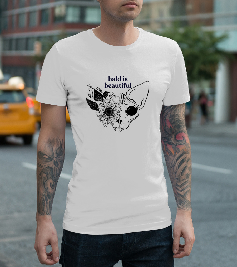 Bald Is Beautiful Sphynx Cat Sunflower Skull T-Shirt