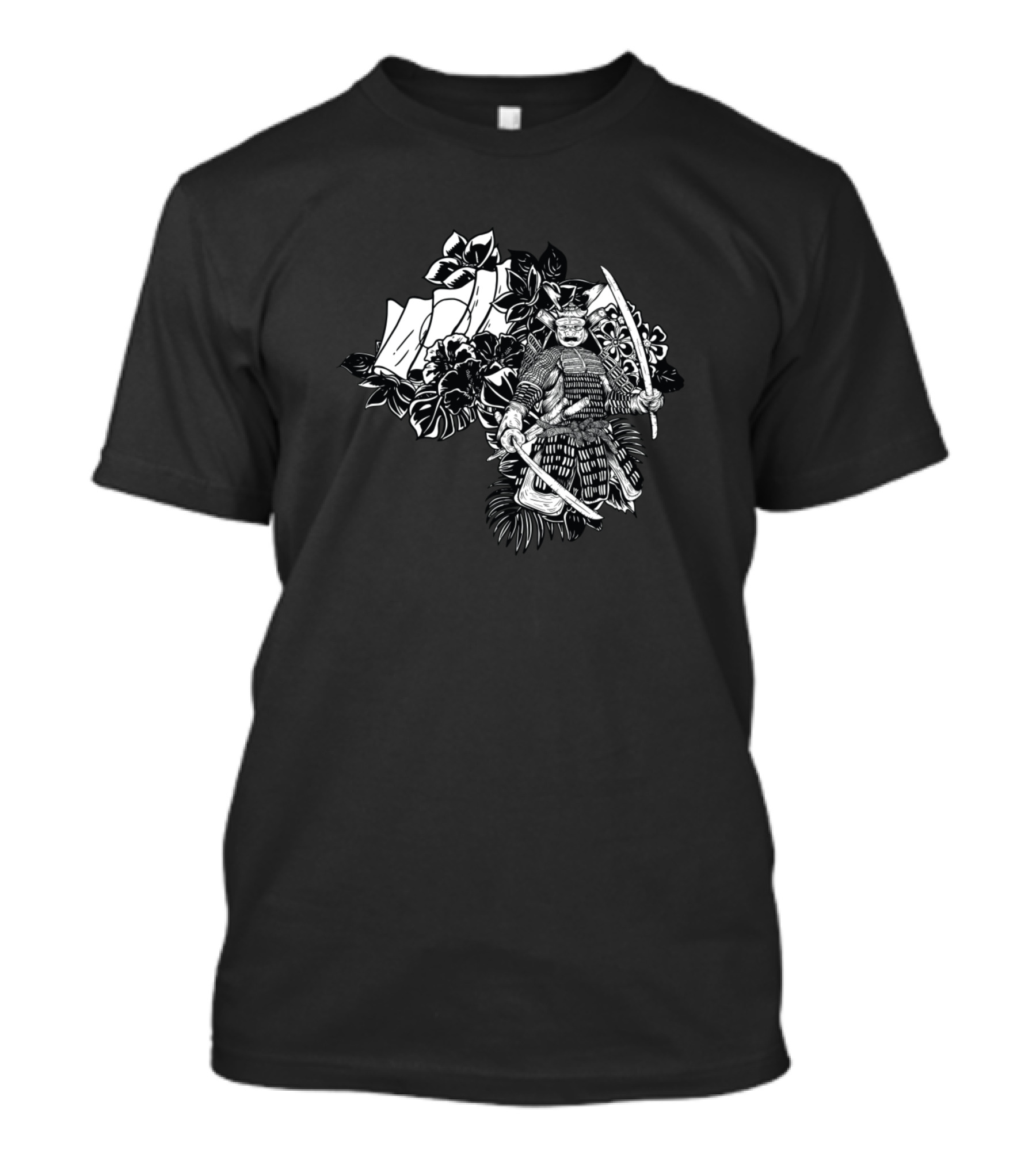 Black And White Samurai Warrior With Katana And Floral Background T-Shirt