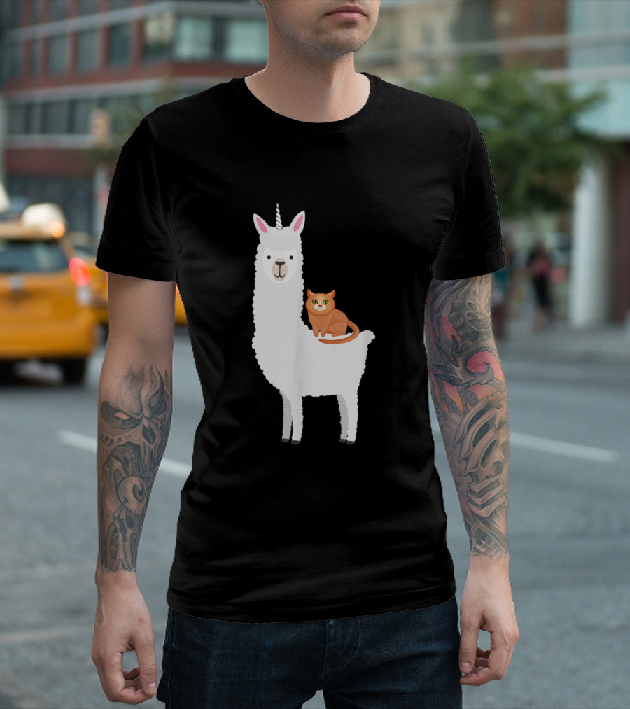 Cat Riding Llamacorn Funny Idea Llama Unicorn Desi T-Shirt