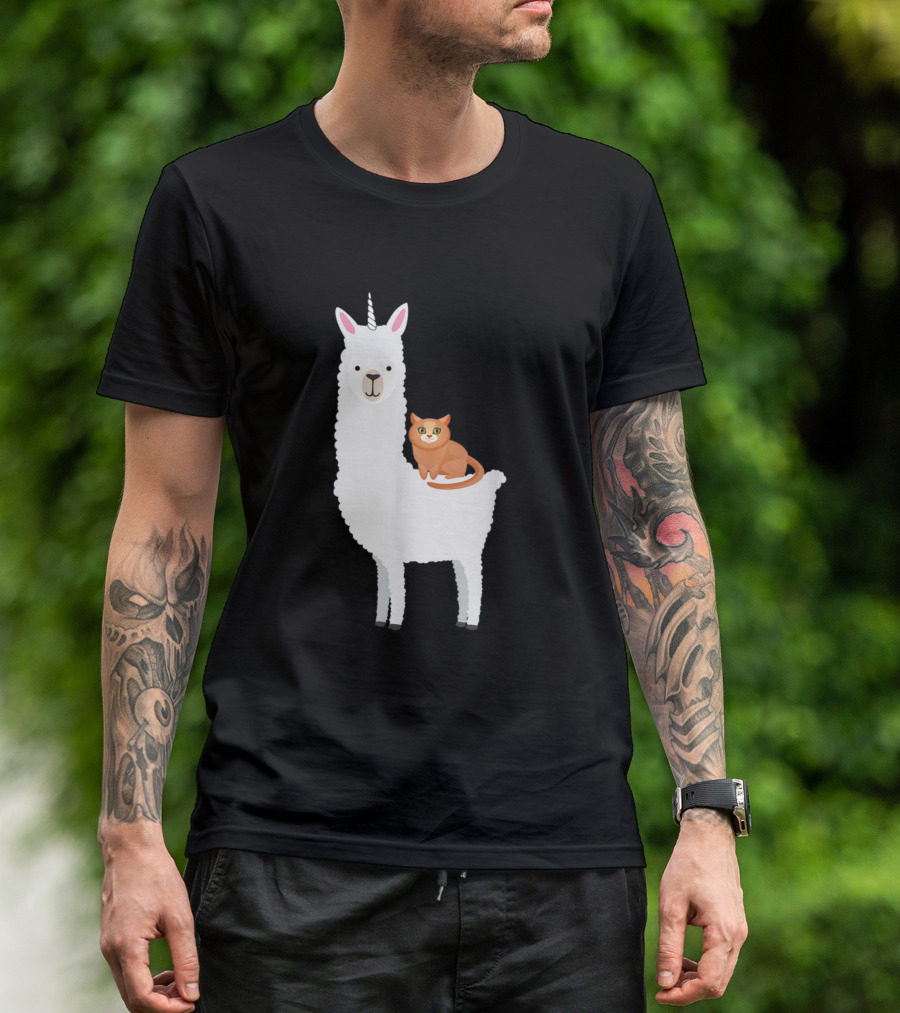 Cat Riding Llamacorn Funny Idea Llama Unicorn Desi T-Shirt