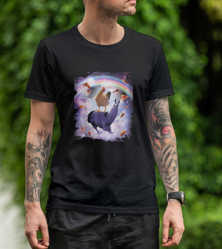 Chicken And Llama Adventure Through Space Rainbow With Pizza Slices T-Shirt