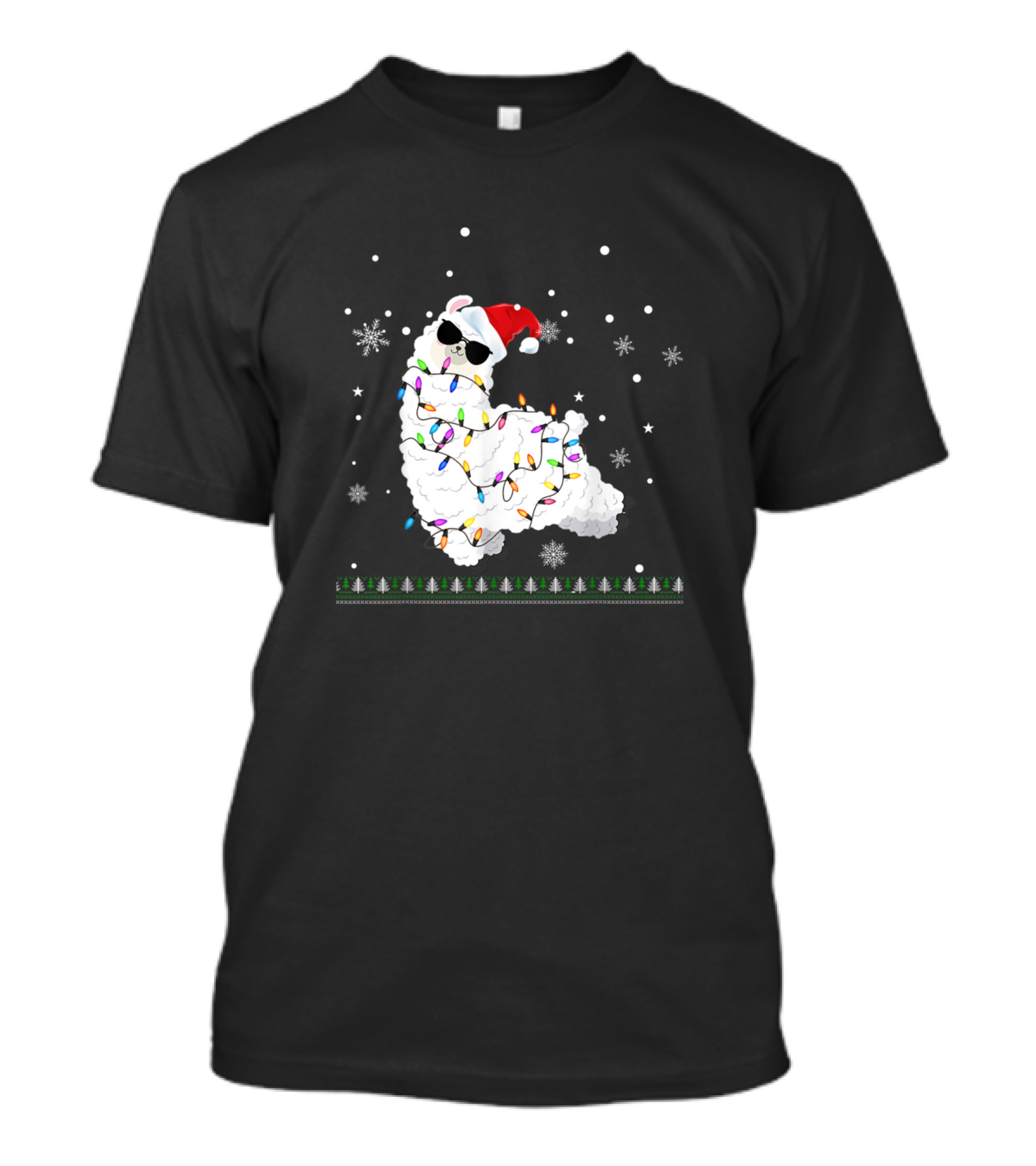 Funny Christmas Llama In Santa Hat With Holiday Lights And Snowflakes T-Shirt