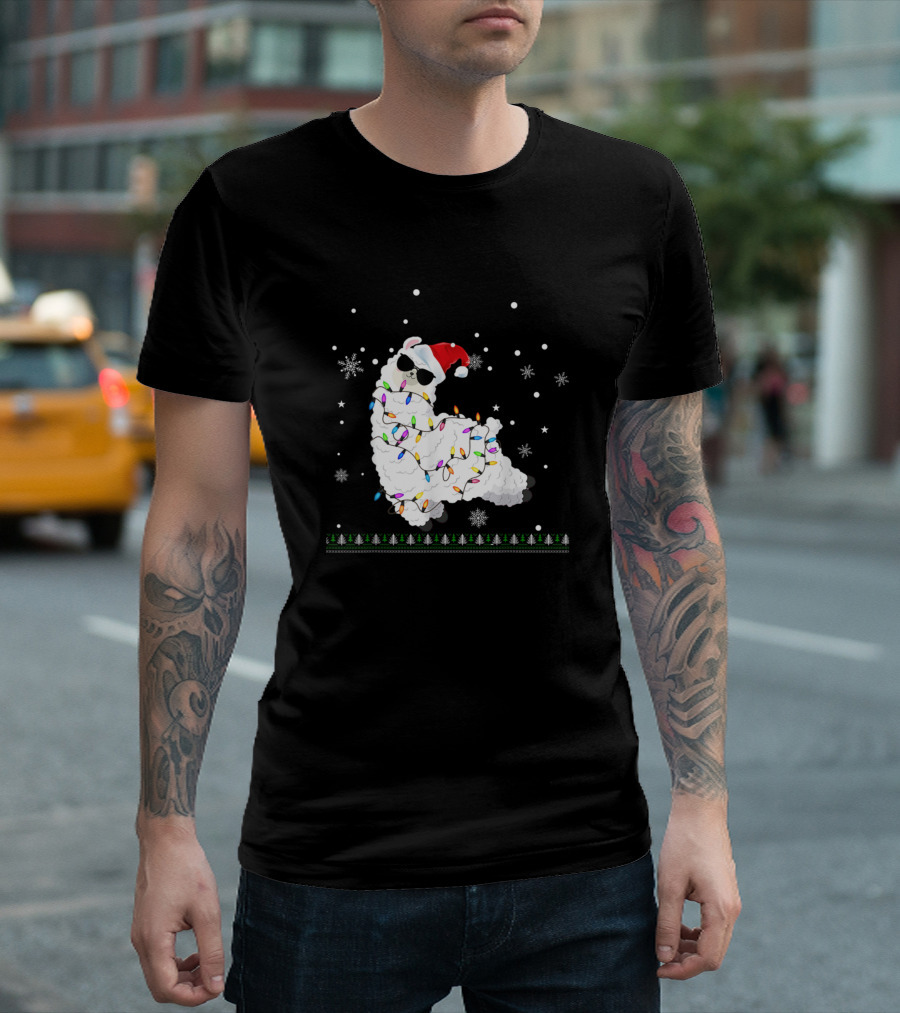 Funny Christmas Llama In Santa Hat With Holiday Lights And Snowflakes T-Shirt