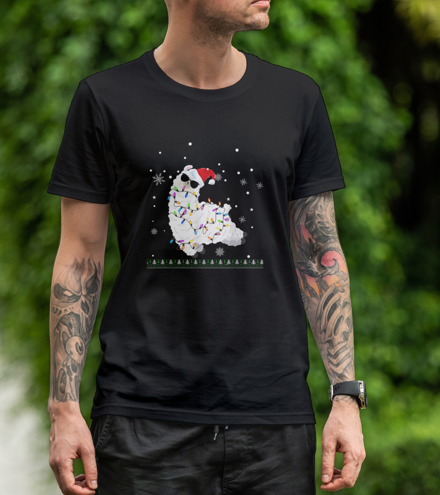 Funny Christmas Llama In Santa Hat With Holiday Lights And Snowflakes T-Shirt