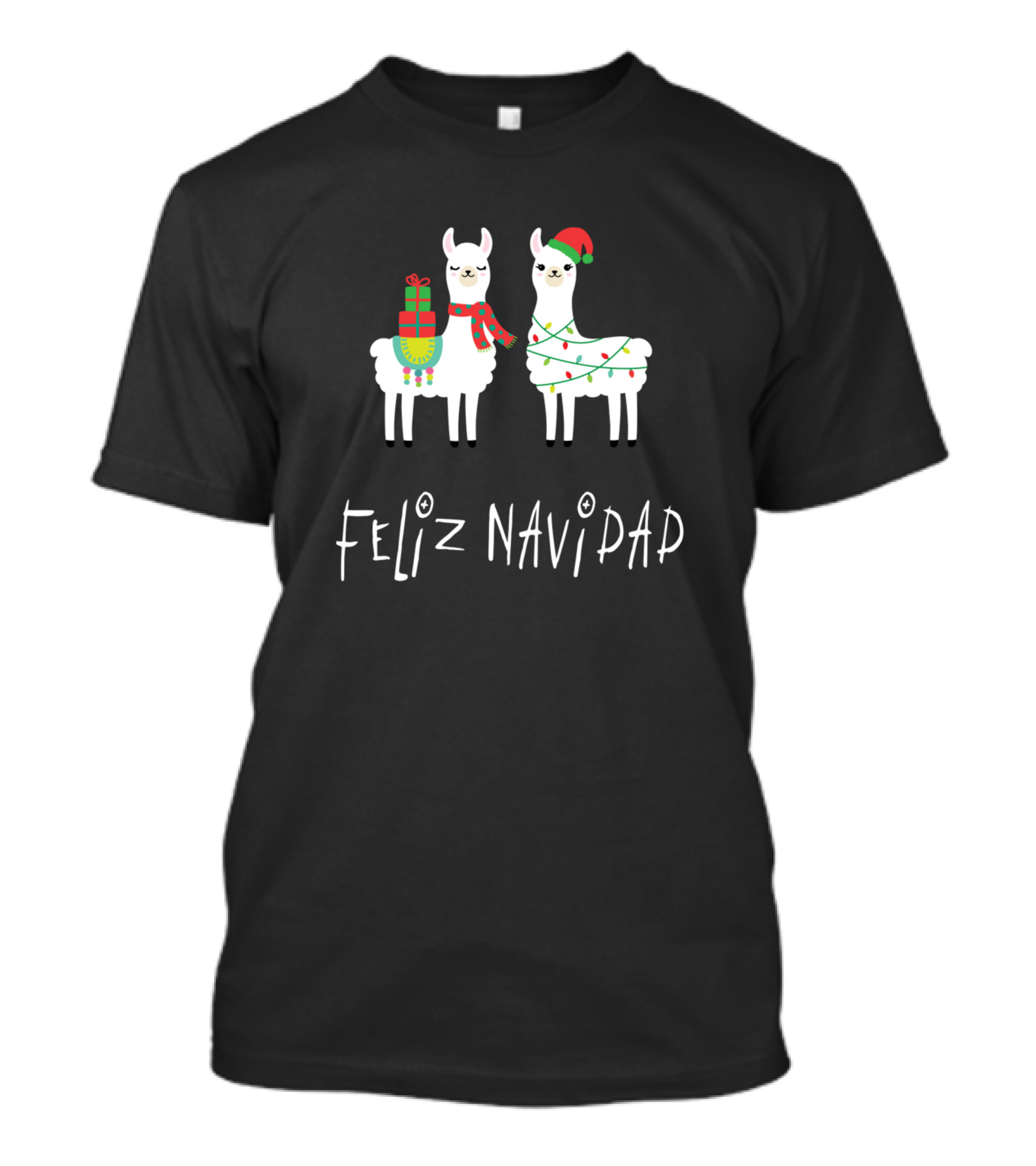 Feliz Navidad Christmas Llama Spanish Alpaca Decorated Holiday Lights And Gift T-Shirt