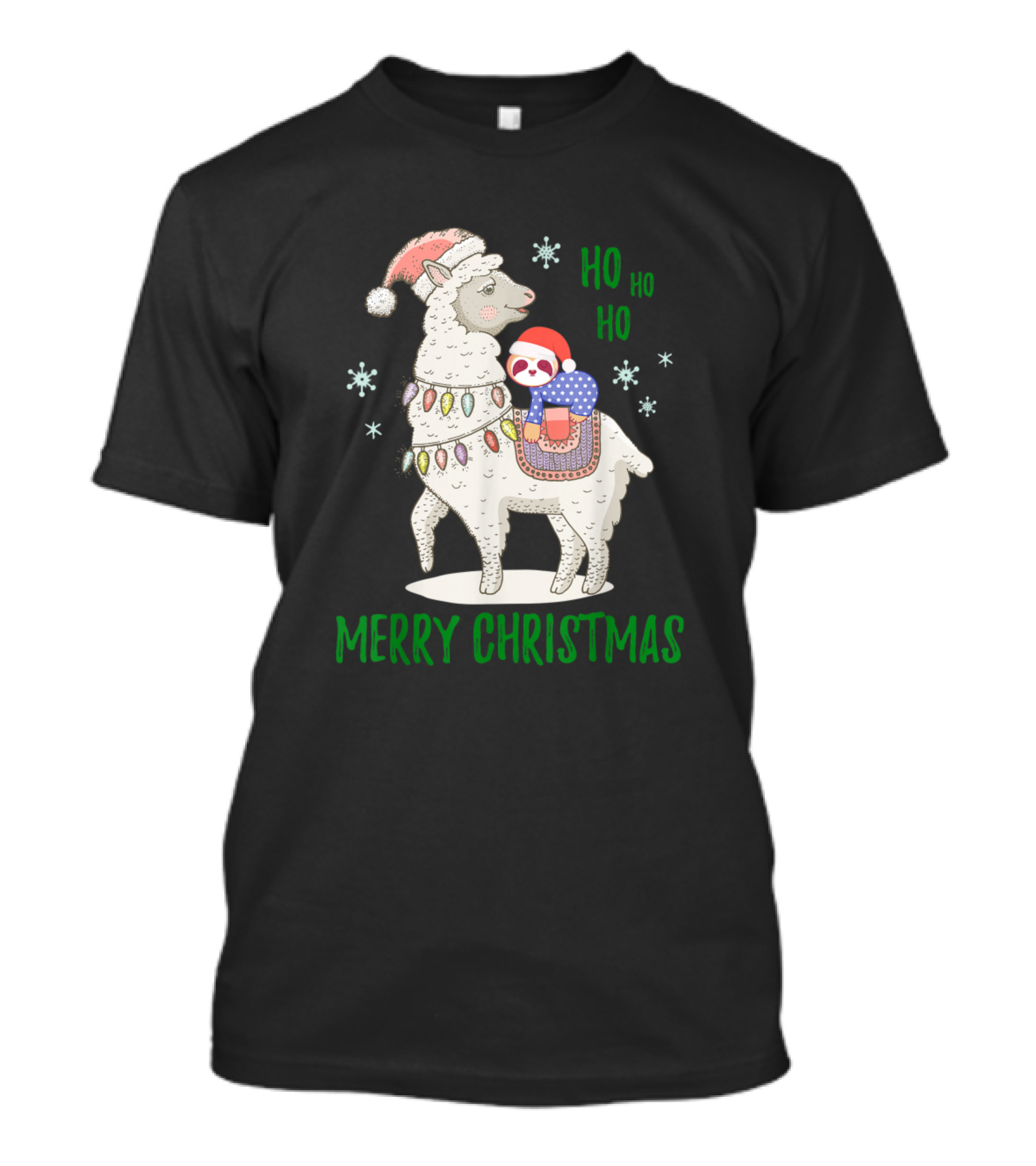 Merry Christmas Llama And Santa Sloth Ho Ho Ho Snowflakes T-Shirt