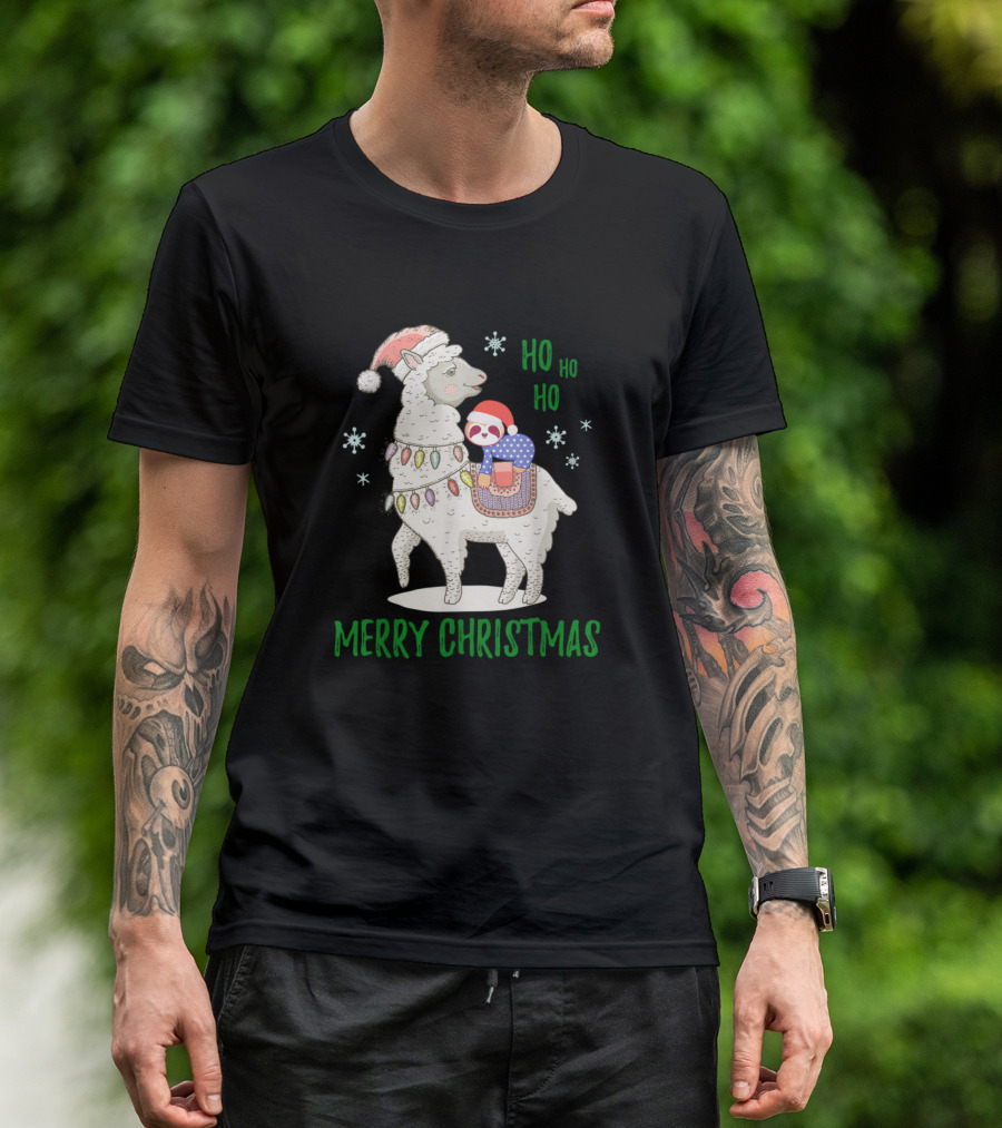 Merry Christmas Llama And Santa Sloth Ho Ho Ho Snowflakes T-Shirt