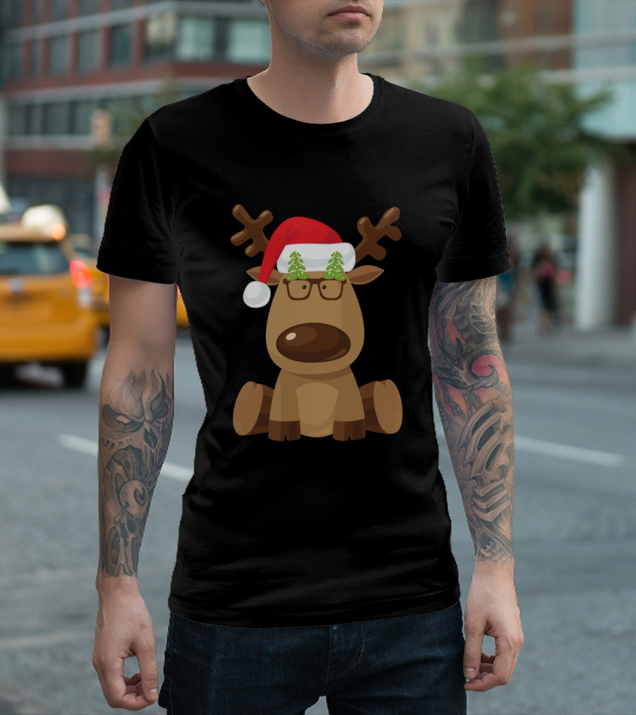 Christmas Reindeer Teddy with Santa Hat and Glasses T-Shirt