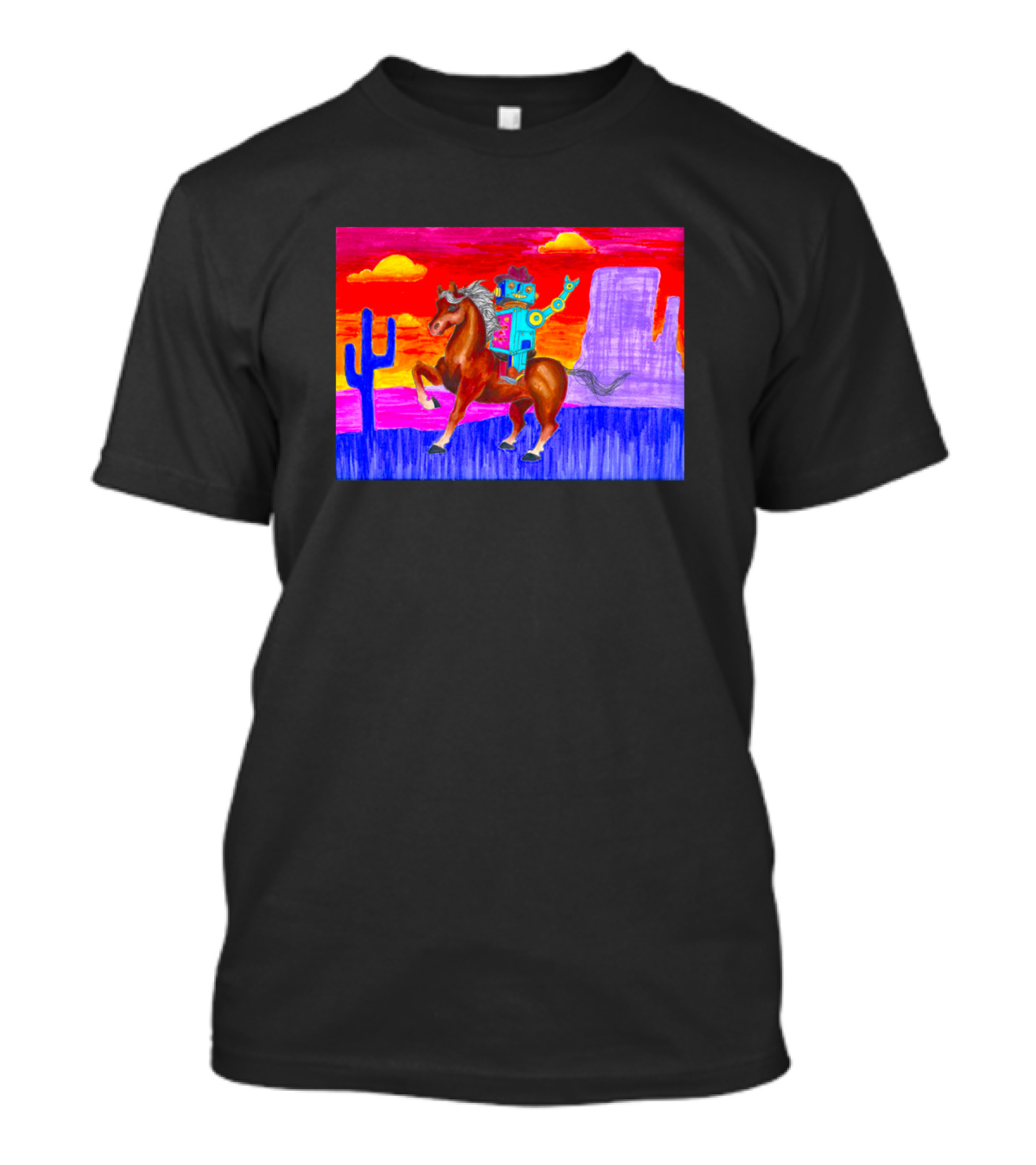 Coowboy Boobeep Robot Riding Horse In Colorful Desert Sunset Scene With Cactus T-Shirt