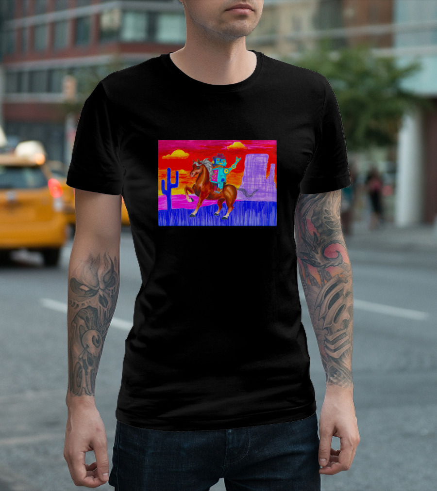 Coowboy Boobeep Robot Riding Horse In Colorful Desert Sunset Scene With Cactus T-Shirt