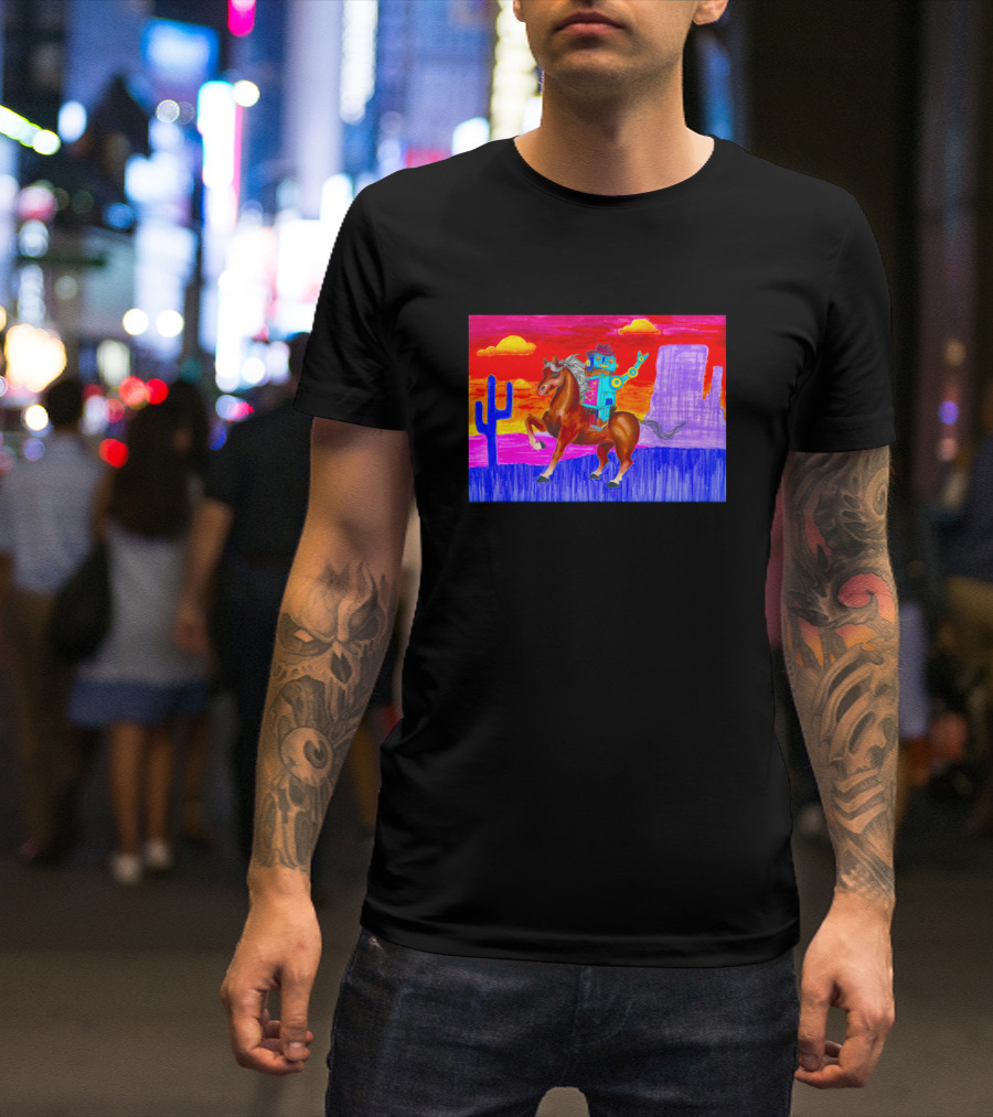 Coowboy Boobeep Robot Riding Horse In Colorful Desert Sunset Scene With Cactus T-Shirt