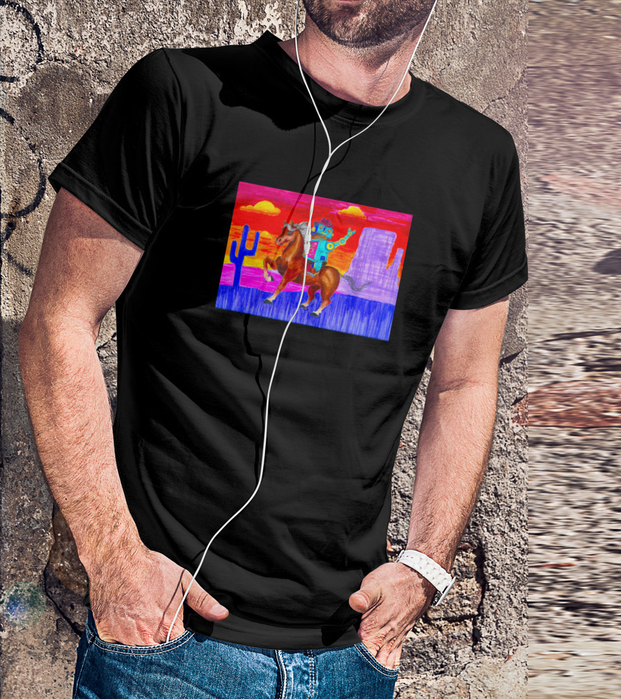 Coowboy Boobeep Robot Riding Horse In Colorful Desert Sunset Scene With Cactus T-Shirt