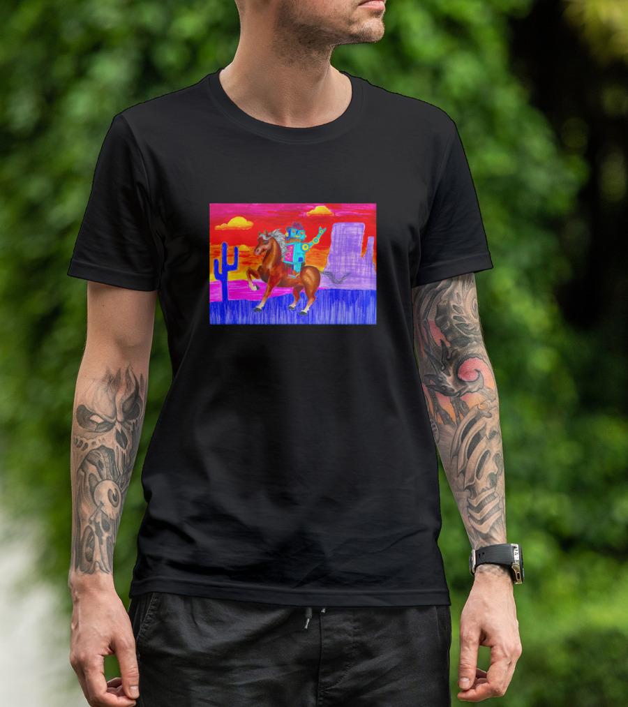 Coowboy Boobeep Robot Riding Horse In Colorful Desert Sunset Scene With Cactus T-Shirt