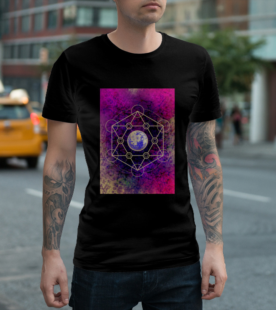 Sacred Geometry Planet with Vibrant Pink and Purple Cosmic Background T-Shirt