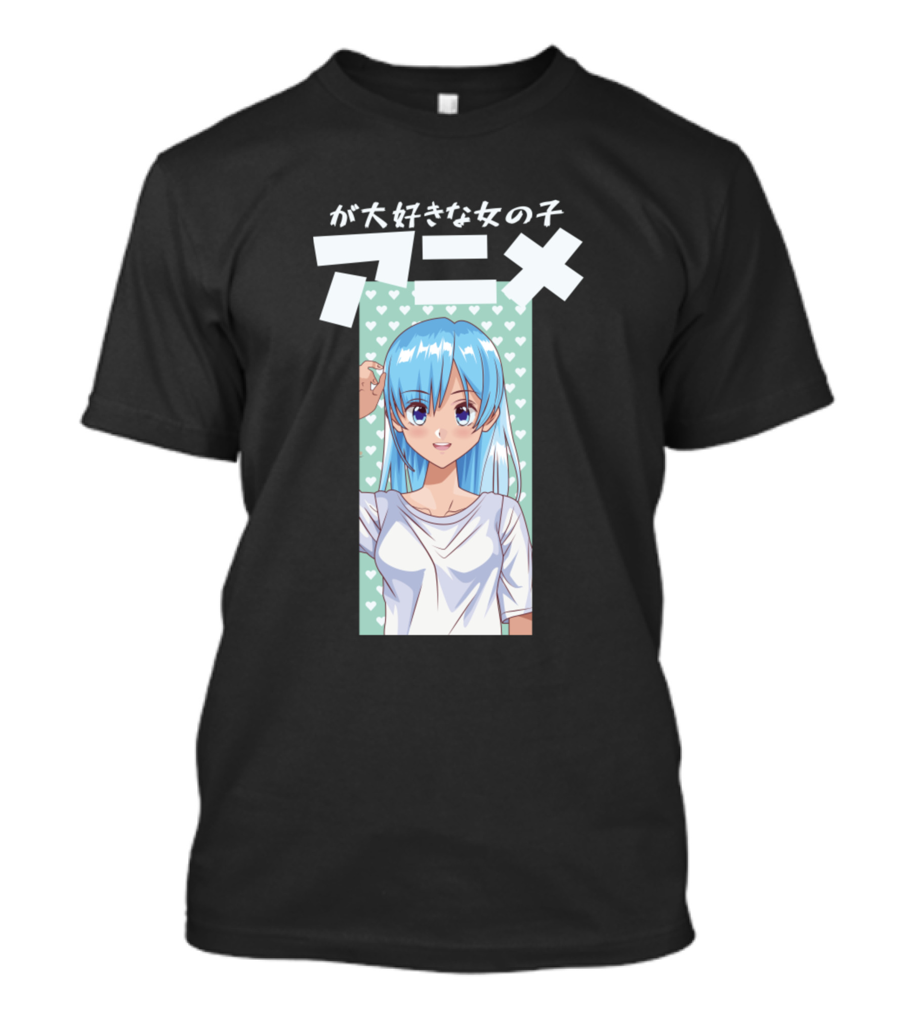 Anime Manga Girl With Blue Hair And Hearts Background T-Shirt