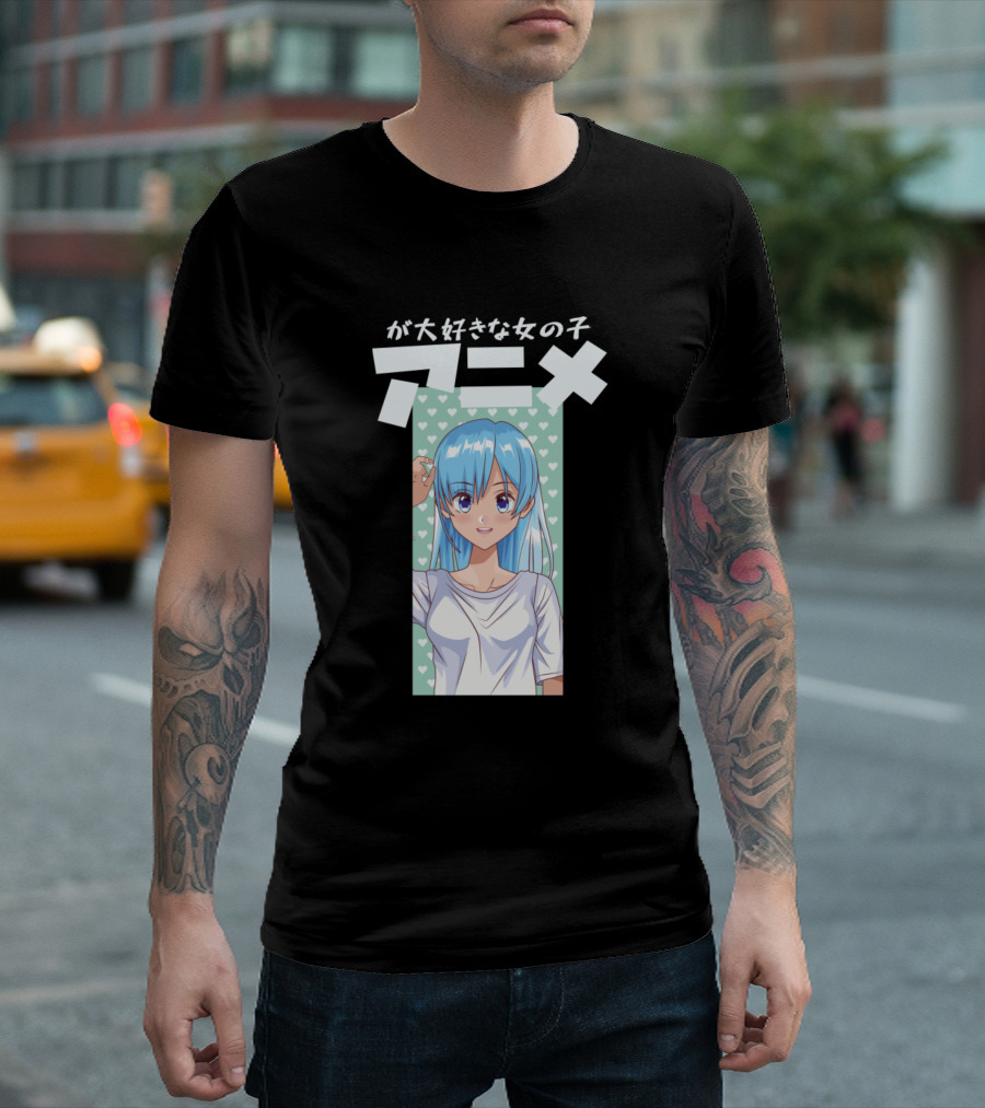 Anime Manga Girl With Blue Hair And Hearts Background T-Shirt