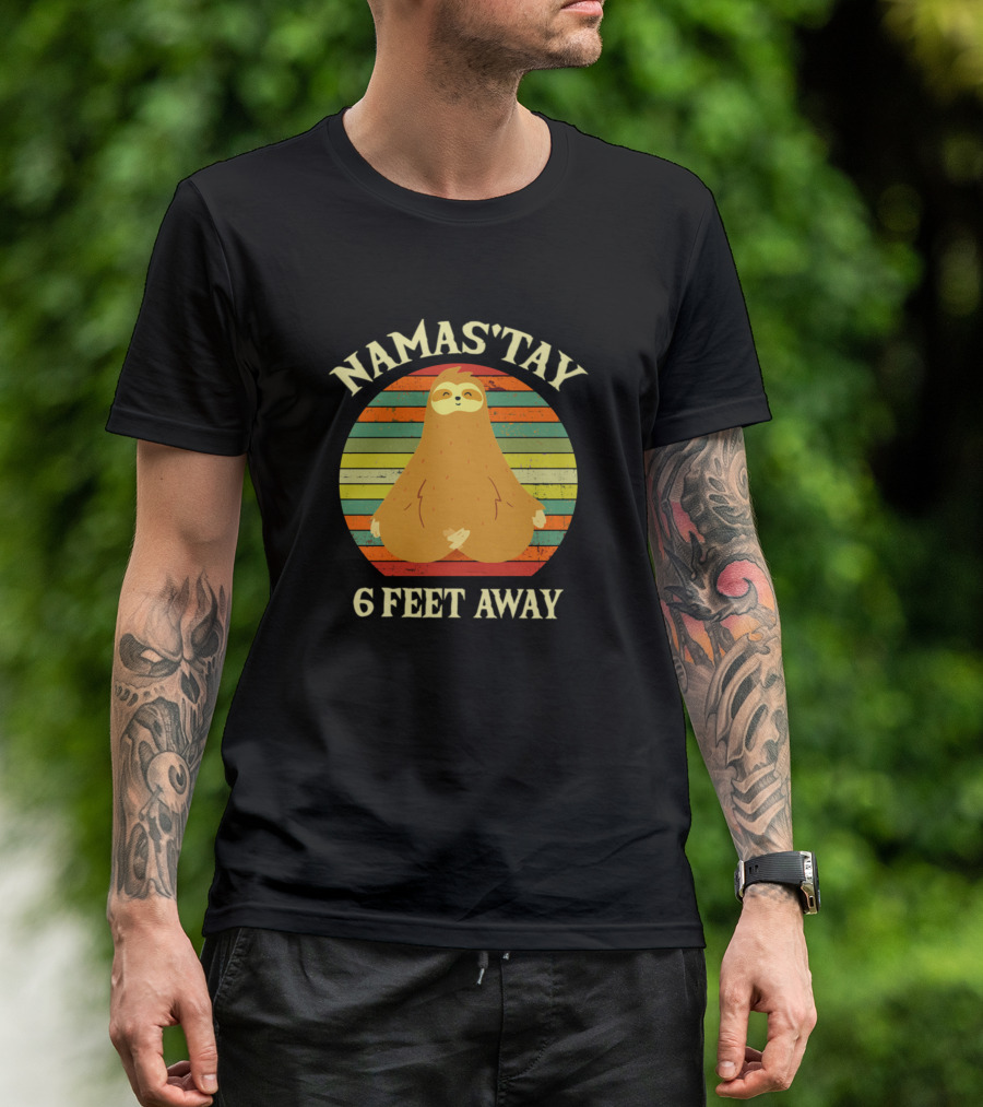 Namastay 6 Feet Away Sloth Meditation Retro Stripes T-Shirt