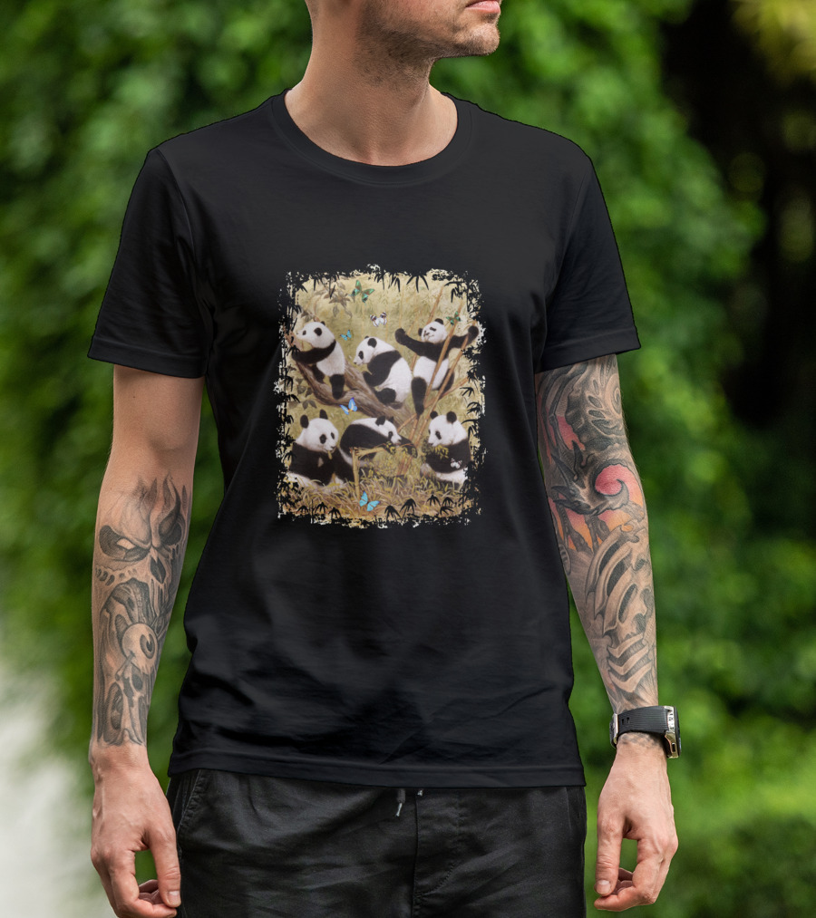 Pandamonium Exciting Panda Playful Gathering With Bamboo And Butterflies T-Shirt