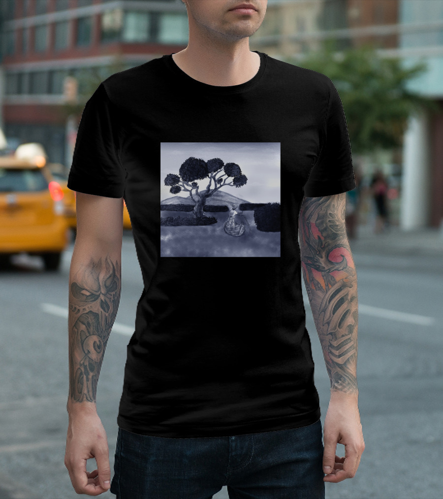Uncharted Waters Blue Landscape with Tree and Boat T-Shirt