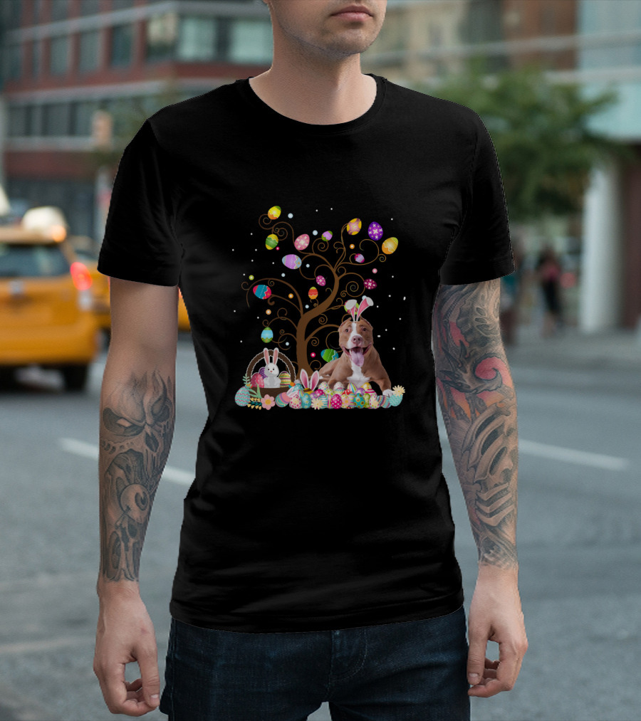 Dogs Pit Bull Easter Day Funny Pit Bull Bunny Ears Tree Eggs Basket T-Shirt