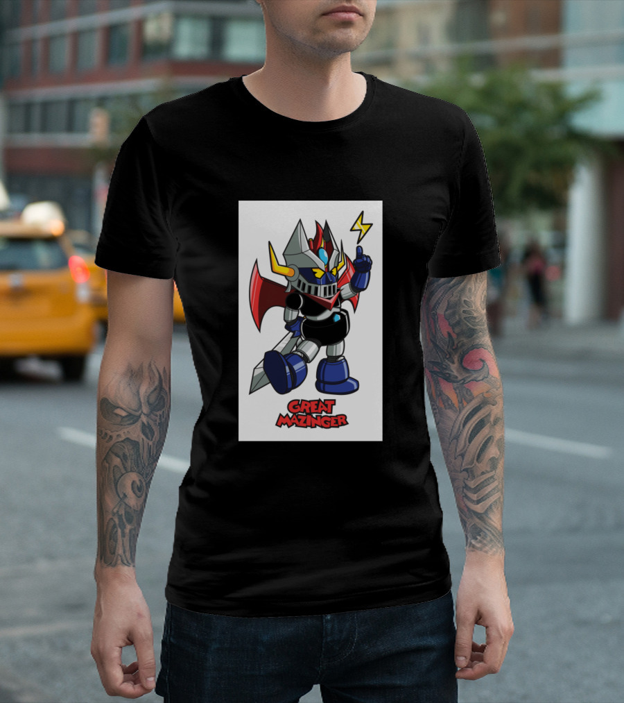 Great Mazinger Robot Cartoon with Lightning Bolt and Red Cape T-Shirt