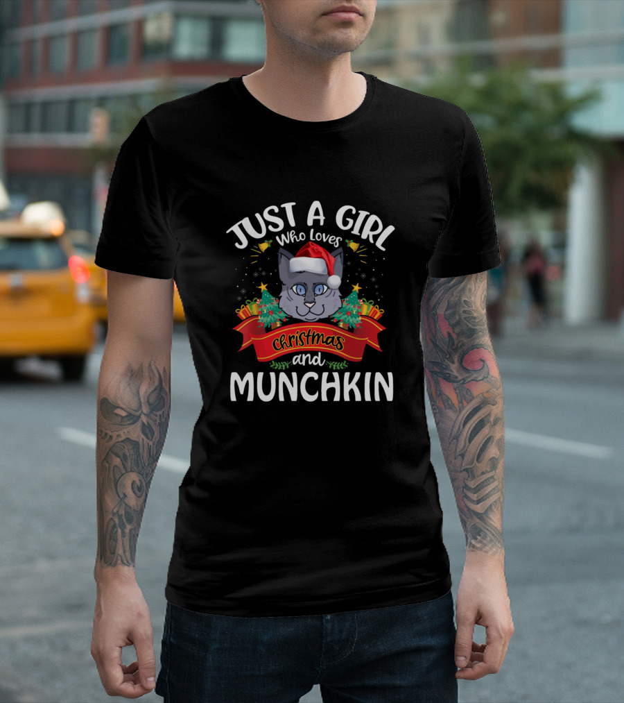 Just A Girl Who Loves Christmas and Munchkin Cat with Santa Hat T-Shirt