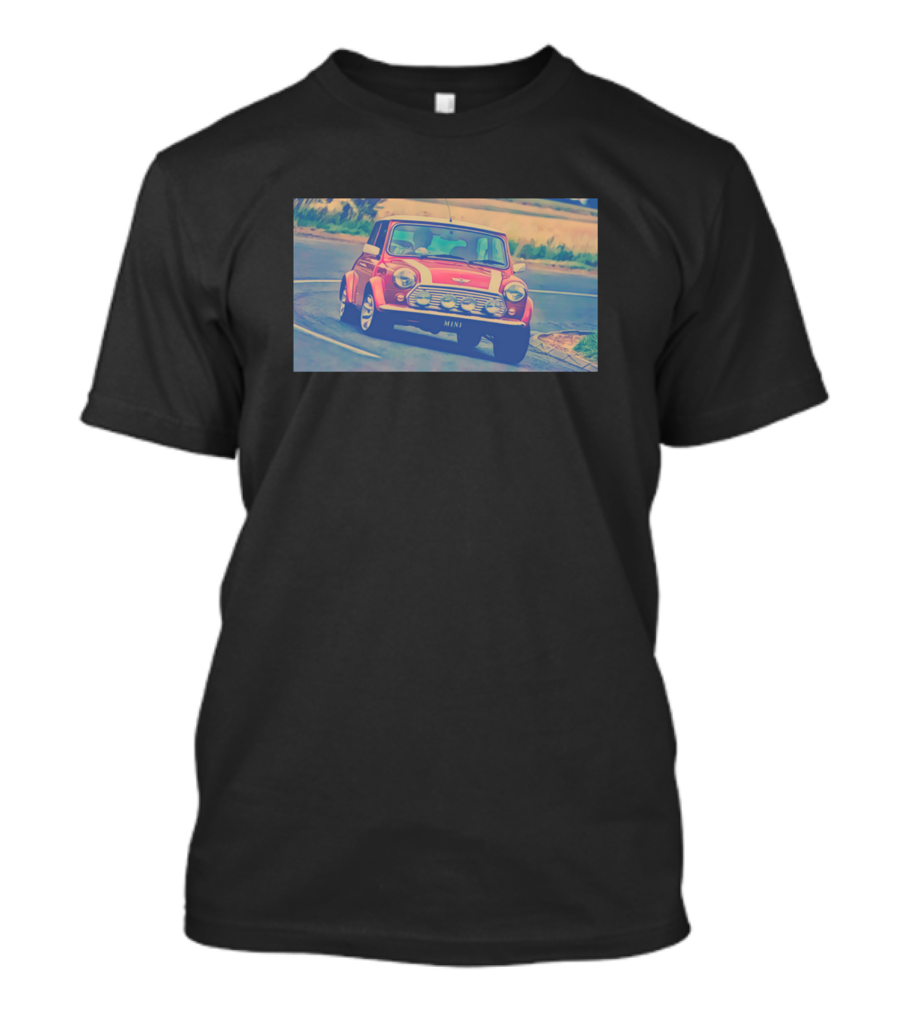 Mini Cooper Classic Red Car On Scenic Road T-Shirt