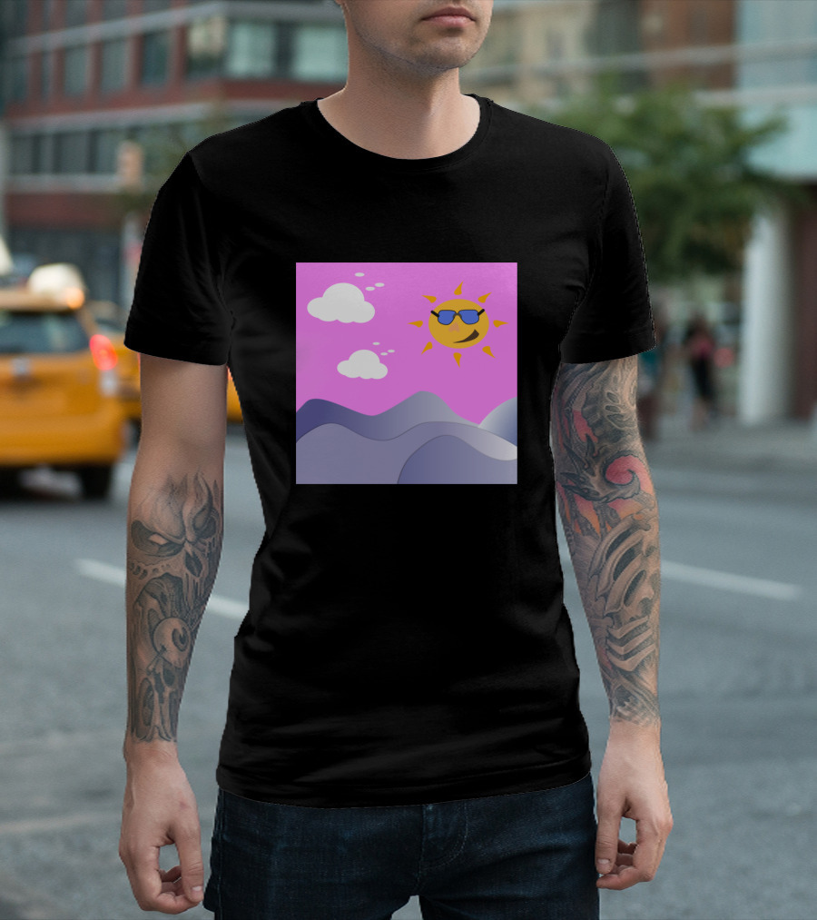 Morning Sun With Sunglasses Cartoon Landscape Sky Clouds T-Shirt