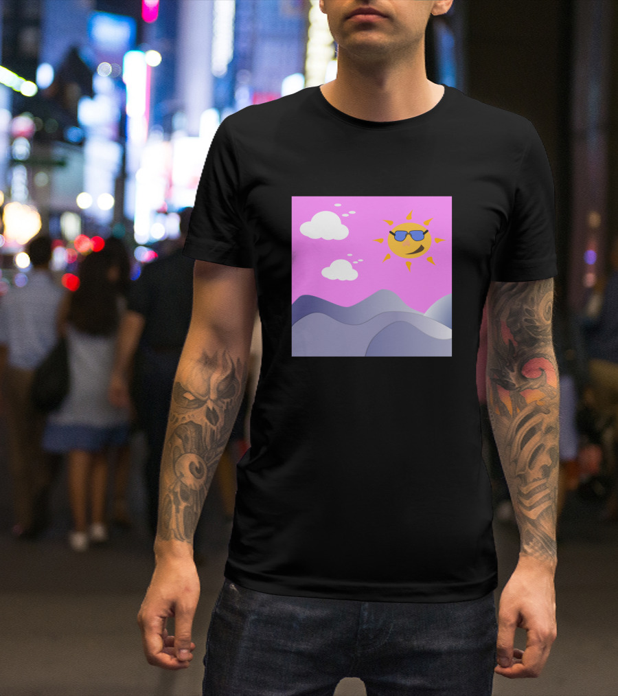 Morning Sun With Sunglasses Cartoon Landscape Sky Clouds T-Shirt