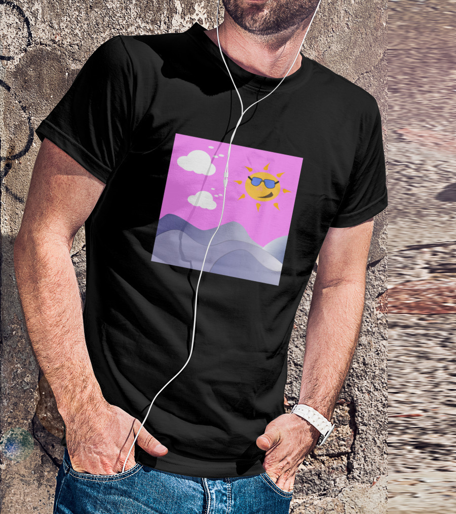 Morning Sun With Sunglasses Cartoon Landscape Sky Clouds T-Shirt