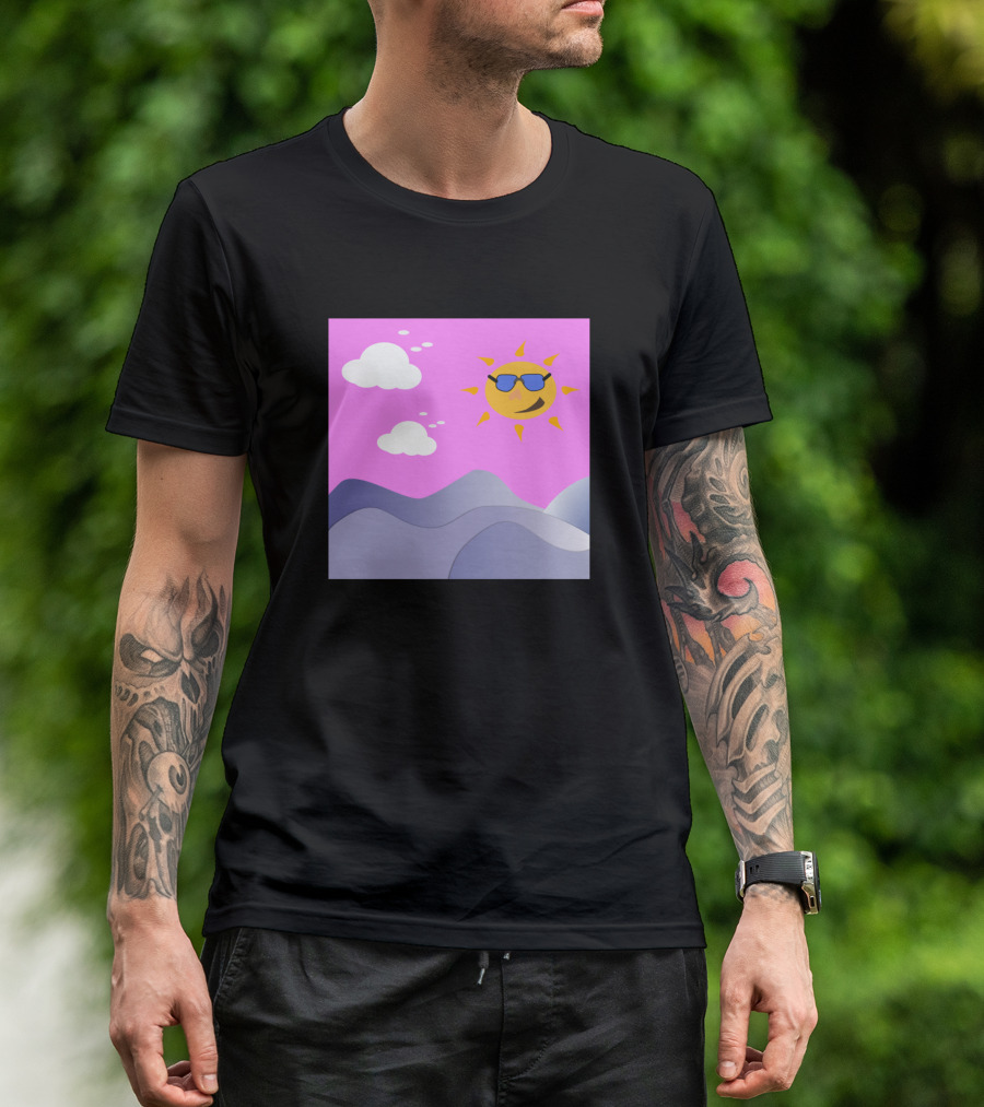 Morning Sun With Sunglasses Cartoon Landscape Sky Clouds T-Shirt