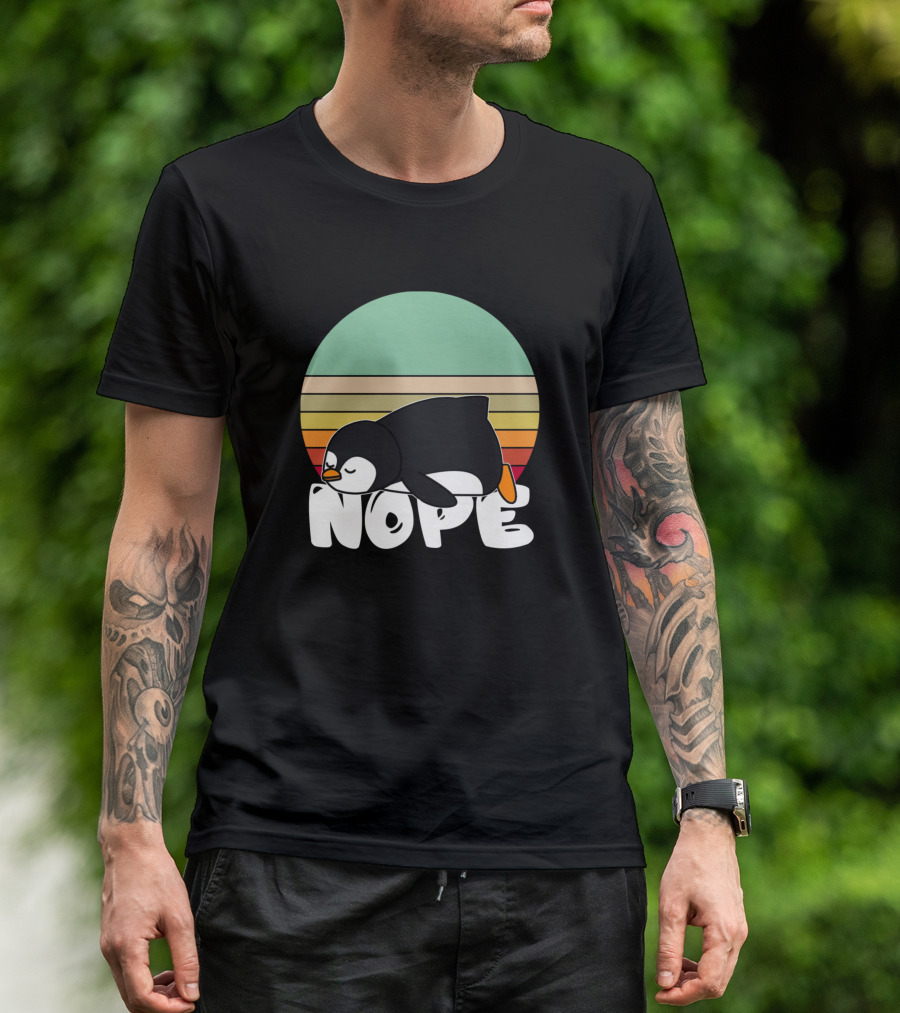 Nope Penguin Sleeping Retro Sunset Stripes T-Shirt