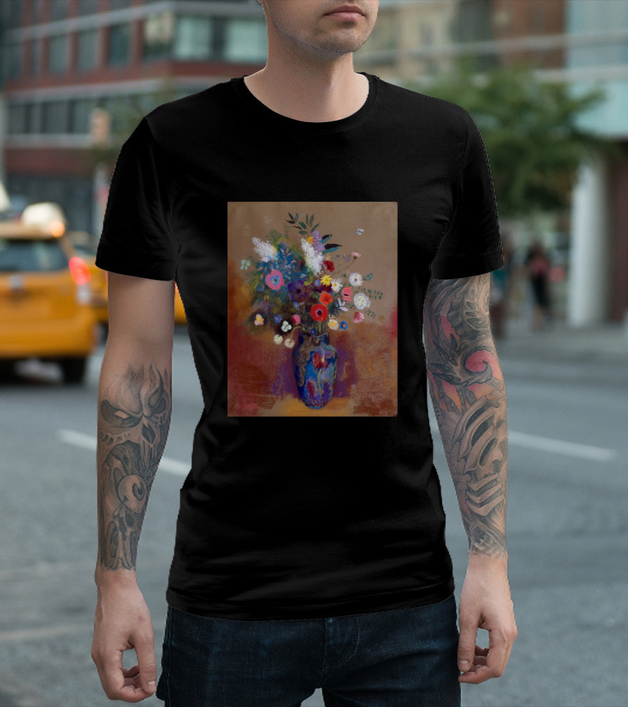 Odilon Redon Bouquet Of Flowers in Blue Vase with Vibrant Blossoms T-Shirt