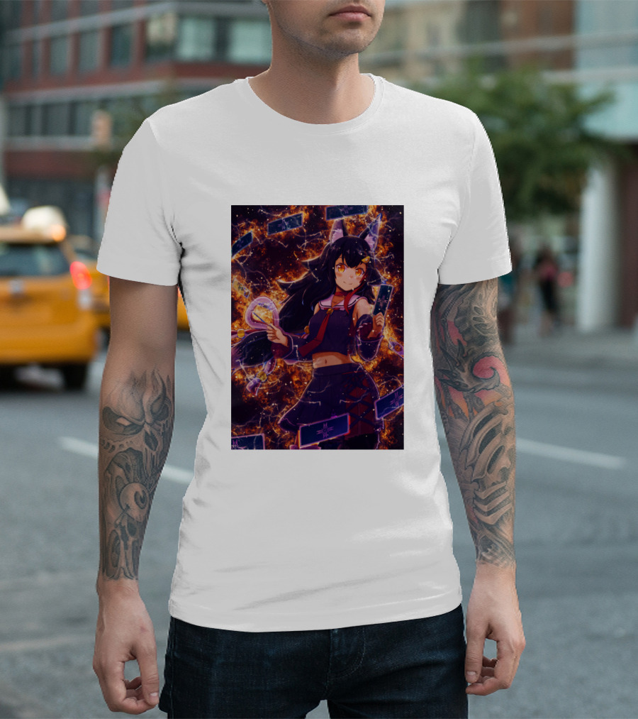 Ookami Mio Anime Girl with Cards in Fire Explosion Scene T-Shirt