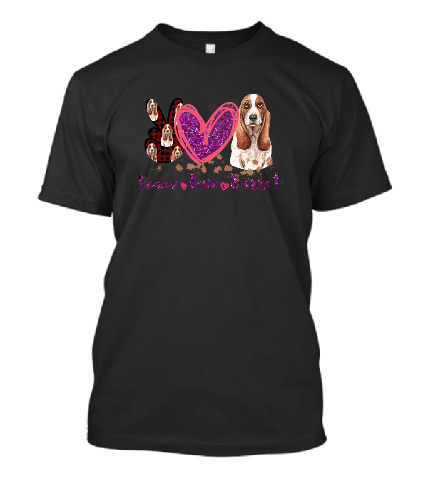 Peace Love Basset Hound Glitter Heart Paw Prints T-Shirt
