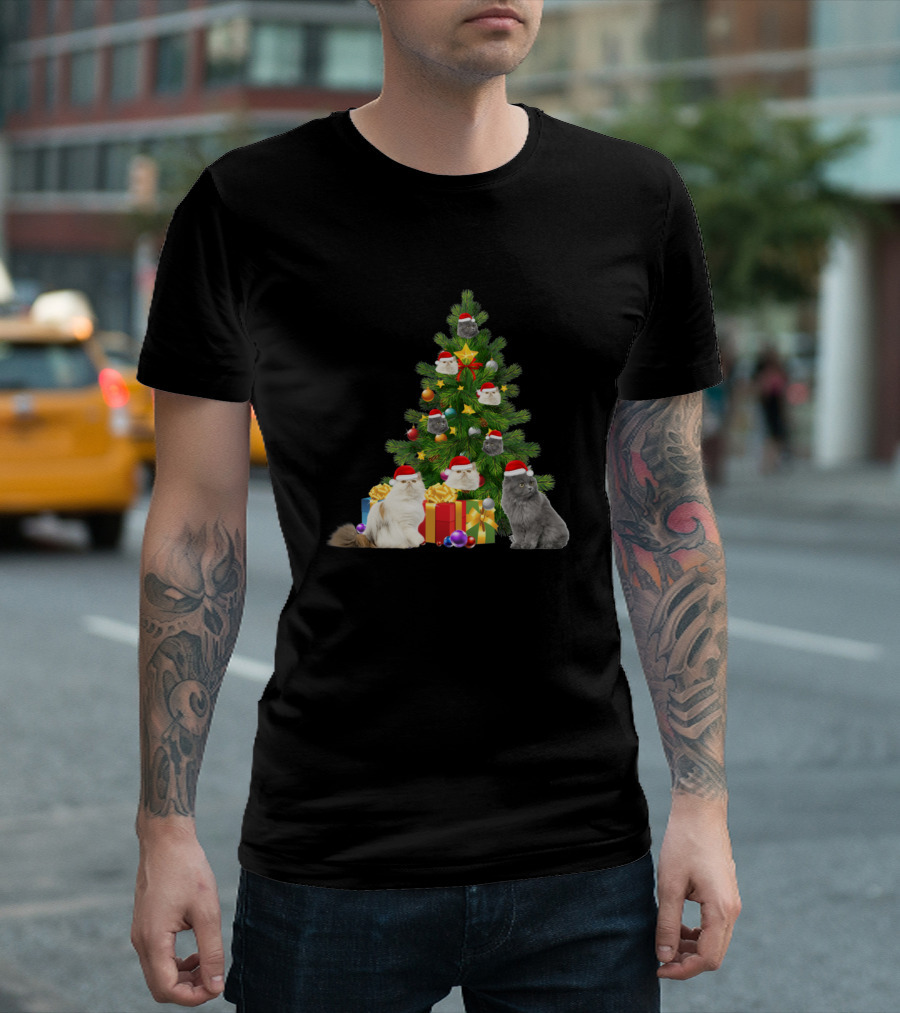 Cute Persian Cats in Santa Hats Decorating a Festive Christmas Tree T-Shirt