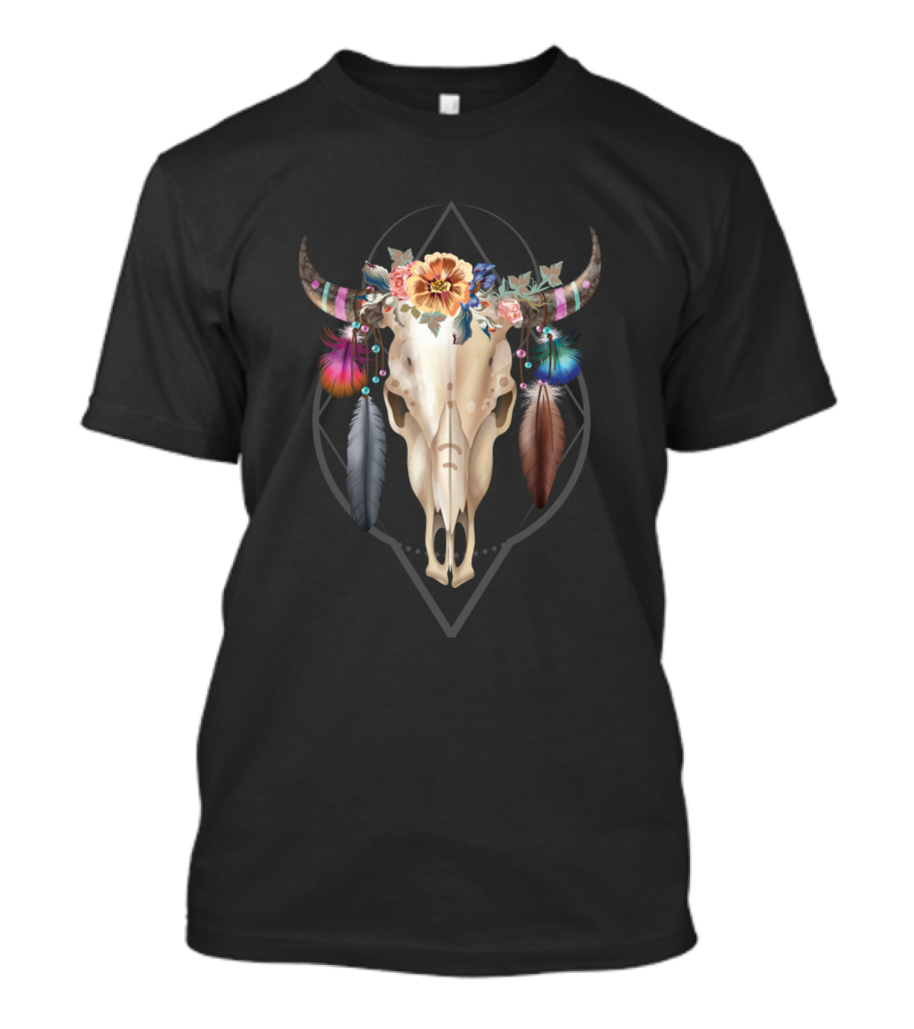 Deer Skull Watercolor Boho With Feathers And Floral Elements T-Shirt