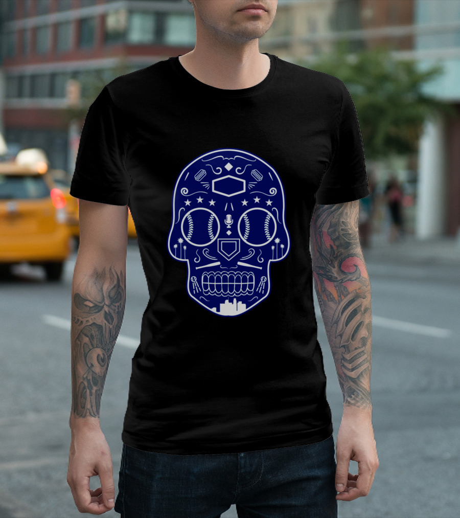 Los Angeles Baseball Sugar Skull Cityscape Baseballs Microphone Palms T-Shirt