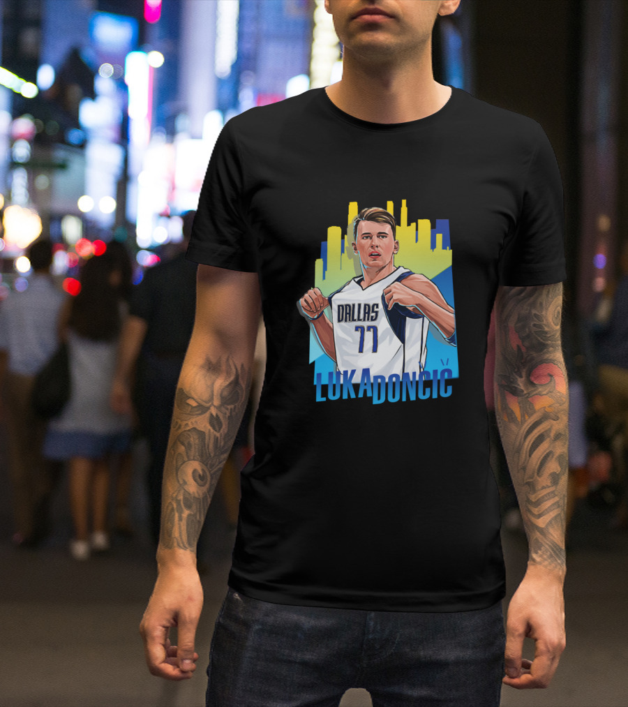 Luka Doncic Dallas 77 City Skyline Hero T-Shirt