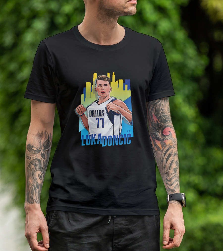 Luka Doncic Dallas 77 City Skyline Hero T-Shirt