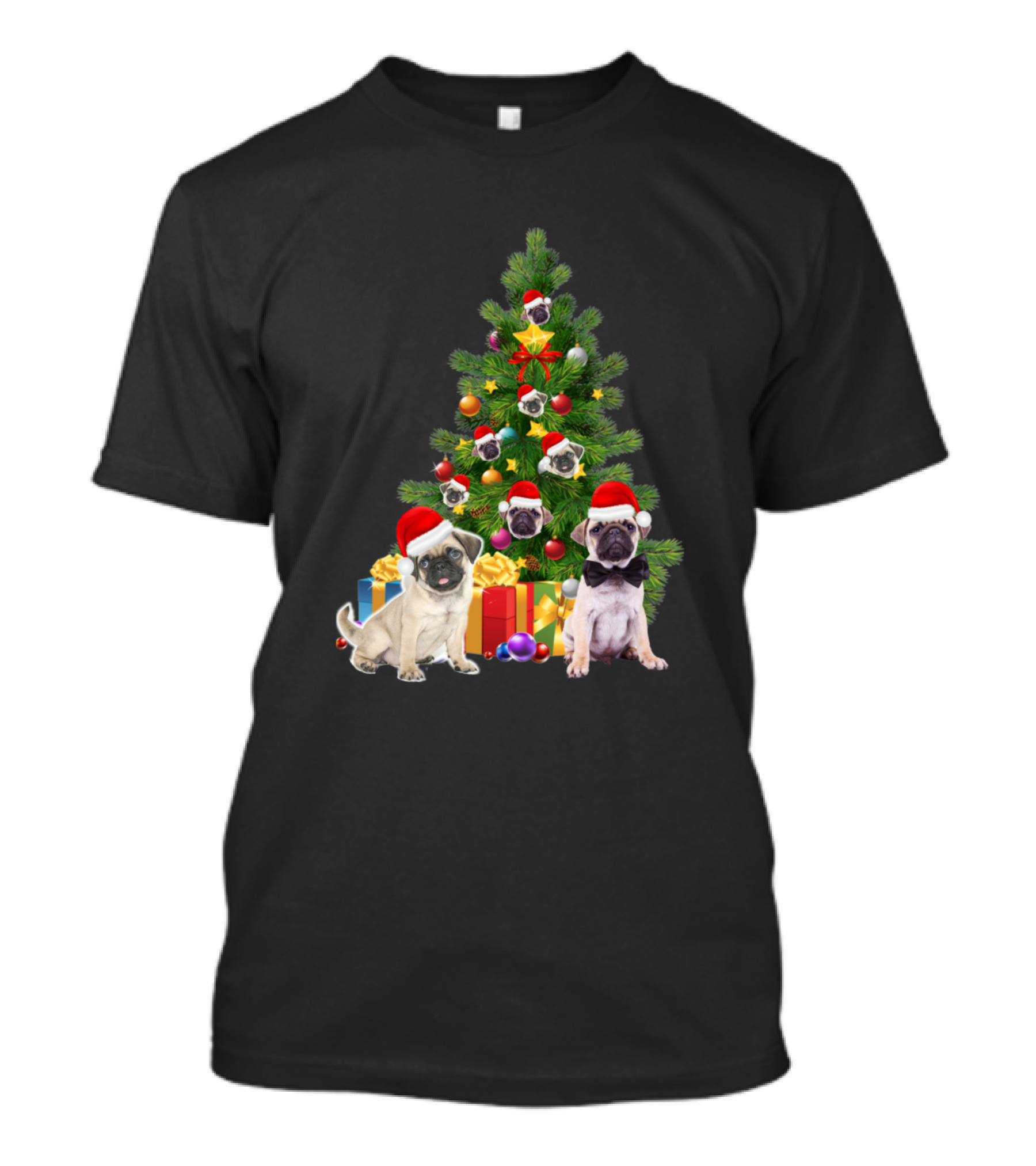 Pug Dog Santa Hats Christmas Tree With Presents And Bow Ties T-Shirt