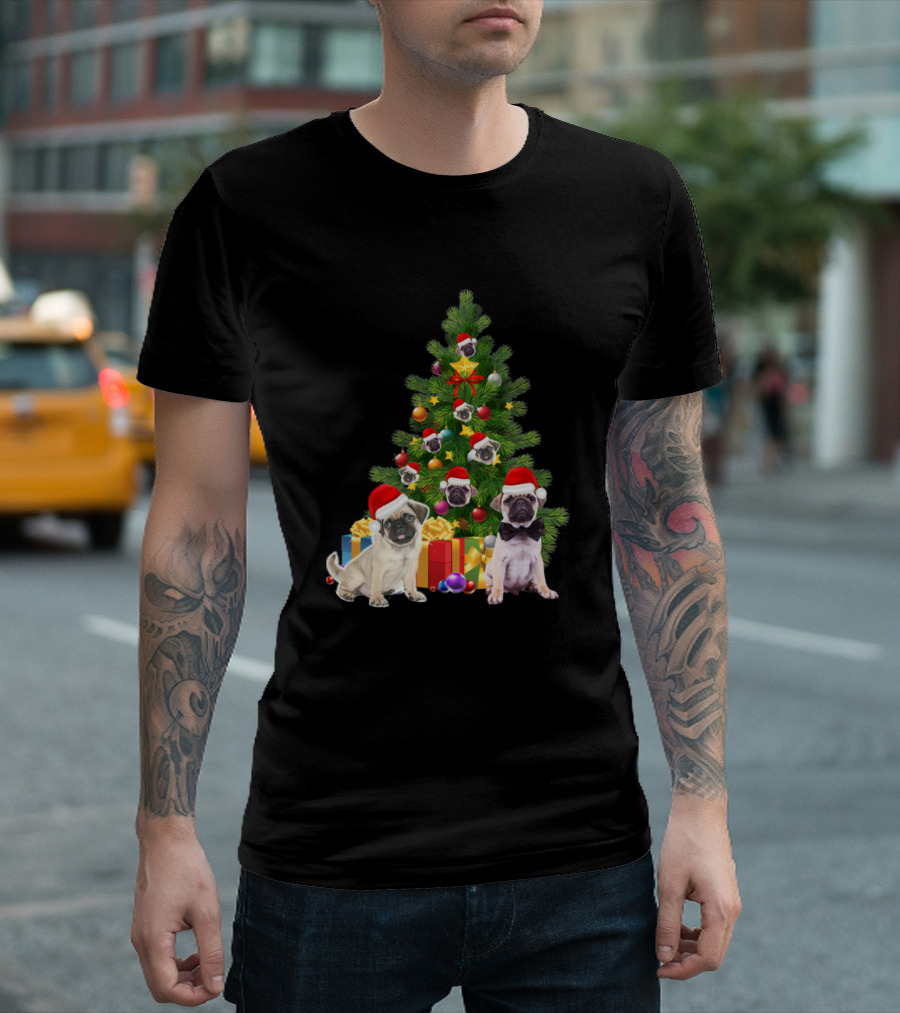 Pug Dog Santa Hats Christmas Tree With Presents And Bow Ties T-Shirt